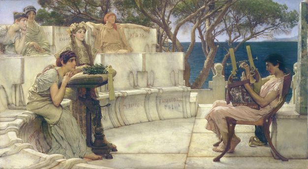 Painting. To our left, four people sit in two rows of curving, marble seats in an outdoor amphitheatre. One person stands next to a seated woman at the front centre, and a sixth person, to our right, leans back in a wood chair, playing a lute. All the people have pale or tanned skin, and wear voluminous, pleated robes in pastel shades of blue, green, pink, and yellow. A glimmering body of deep sapphire blue is beyond the structure.