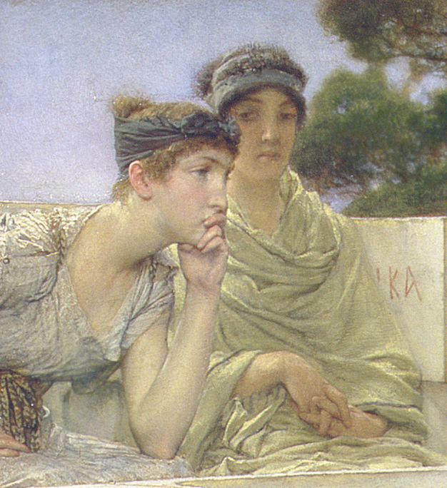 Painting. Detail view of two pale-skinned women with their hair bound up in scarves tied around their heads. One leans forward, her elbow on her knee and her chin in that hand. The other woman sits just behind the first and cuts her eyes down to look at the gesture.