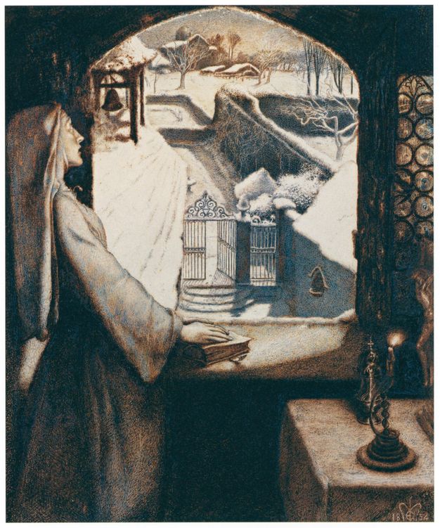 Drawing. A pale-skinned woman wearing white robes and a white nun’s habit rests one hand on a book on a ledge and leans back in front of an arched window. Her face turns towards the snowy landscape through the opening.