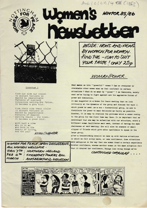 Newsletter. Typewritten and handwritten texts are accompanied by two illustrations and a logo. The title, 'Women’s Newsletter' is drawn in the largest letters and the O is made into the symbol for female. One image is of a chain-link fence and other is a cartoon strip. A poem by Alison Chippindale on the newsletter is also read by her in a recording in the caption of this image.