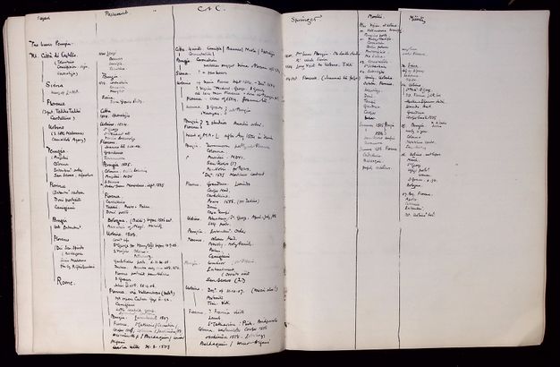 Pages of a notebook. Lines drawn in pen create six columns, which are filled in with handwritten notes.
