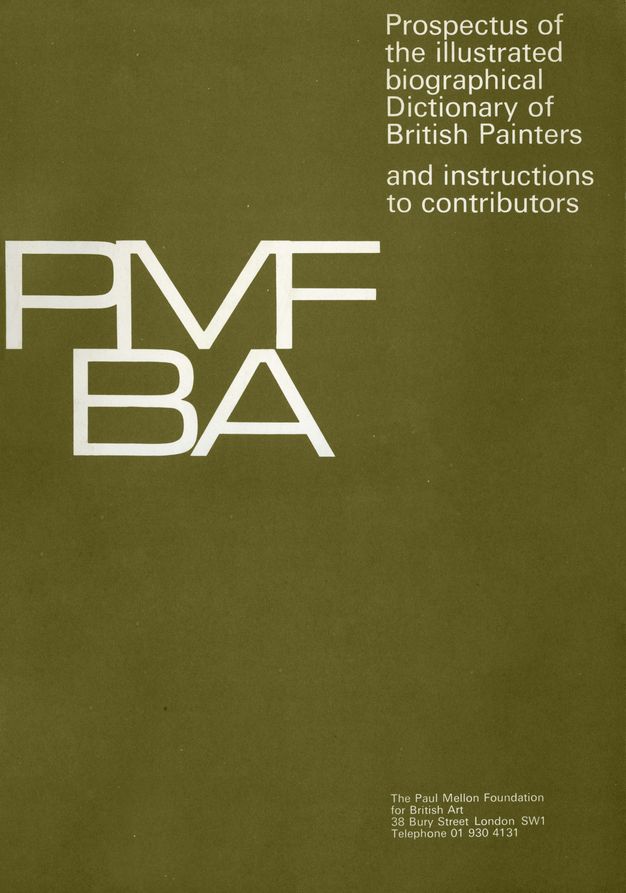 Book cover. An olive-green cover has white text with the title and the abbreviation in linked letters, 'BPMBA'. Near the lower right corner, text reads 'The Paul Mellon Foundation for British Art 38 Bury Street London SW1 Telephone 01 930 4131'.